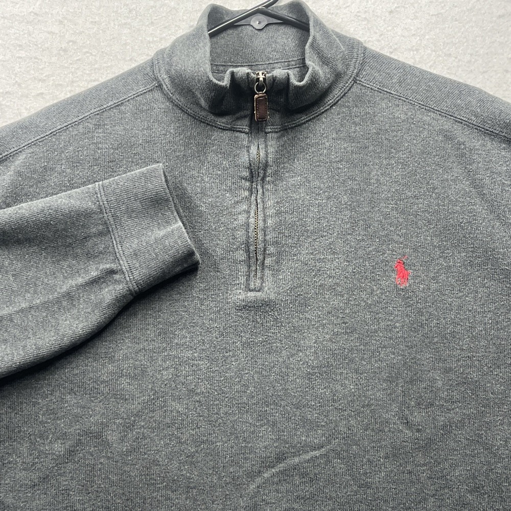 Vintage Polo Ralph Lauren Mens Large Quarter Zip Pullover Sweater Gray Red Pony